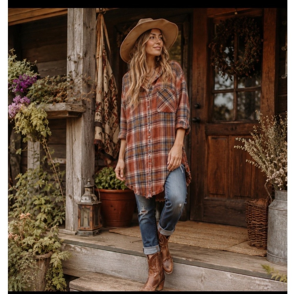 Dizzy Lizzy Plaid Flannel Tunic Women XL Rust Brown Excellent Frayed Hem Shacket